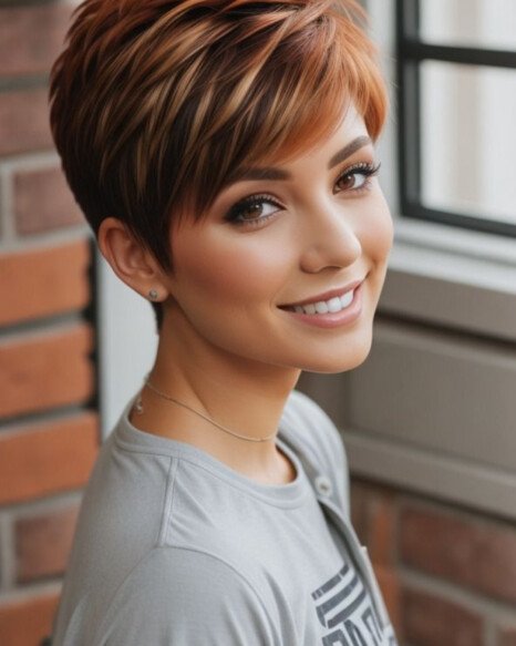 Chocolate Brown Pixie with Caramel Highlights