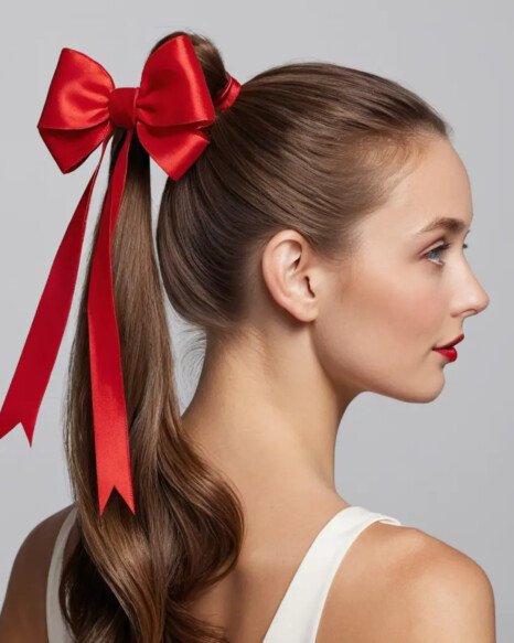 Classic Red Ribbon Bow in a High Ponytail