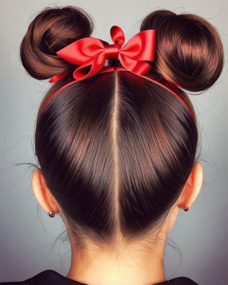 Double Top Knots with a Red Ribbon