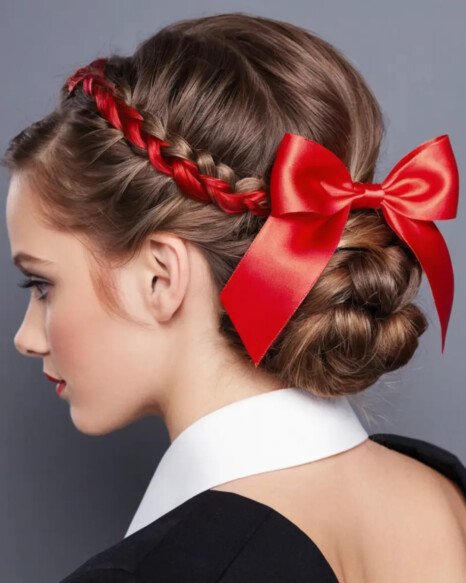 Half-Braided Updo with a Red Ribbon