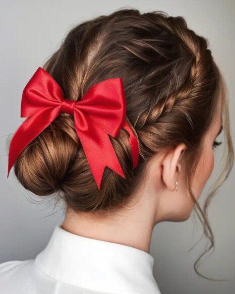 Twisted Low Bun with a Red Ribbon