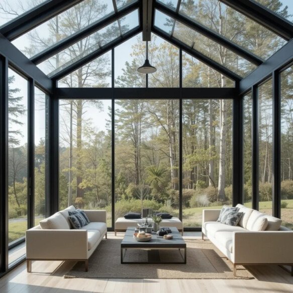 All-Glass Four-Season Room with Sleek Black Frames