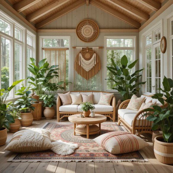 Boho-Chic Four-Season Room with Rattan Furniture