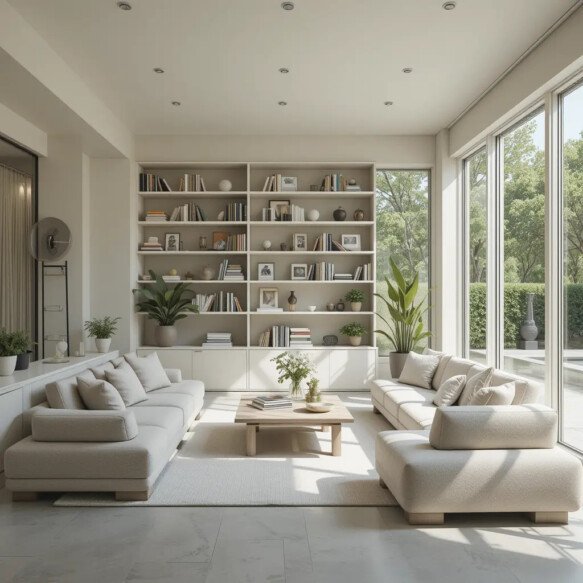 Contemporary Sunroom with Built-In Shelving