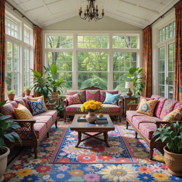 Eclectic Sunroom with Bold Patterns