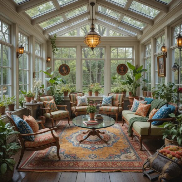 Eclectic Sunroom with Mismatched Furniture