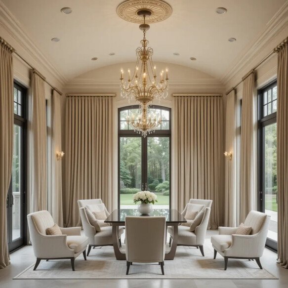 Elegant Sunroom with Chandeliers and Drapes