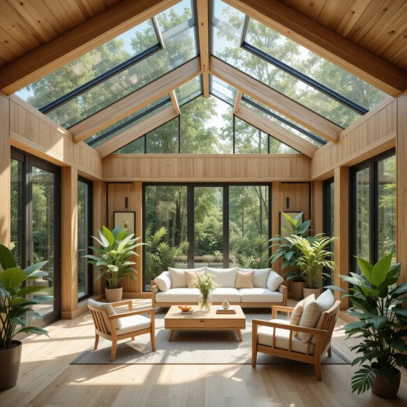 Four-Season Room with Skylight Windows and Natural Wood Accents