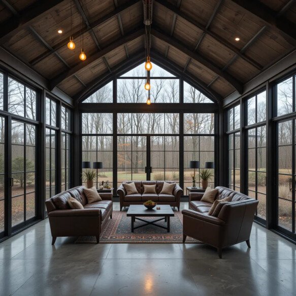 Industrial-Style Four-Season Room with Exposed Beams