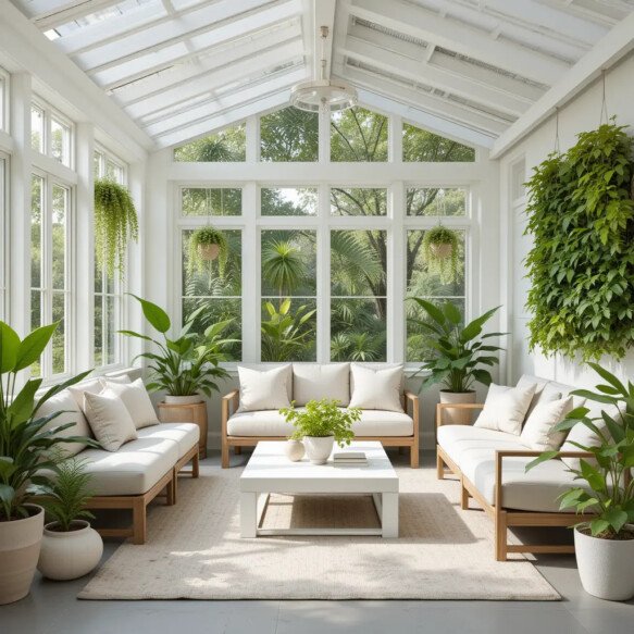 Neutral-Toned Sunroom with Pops of Greenery