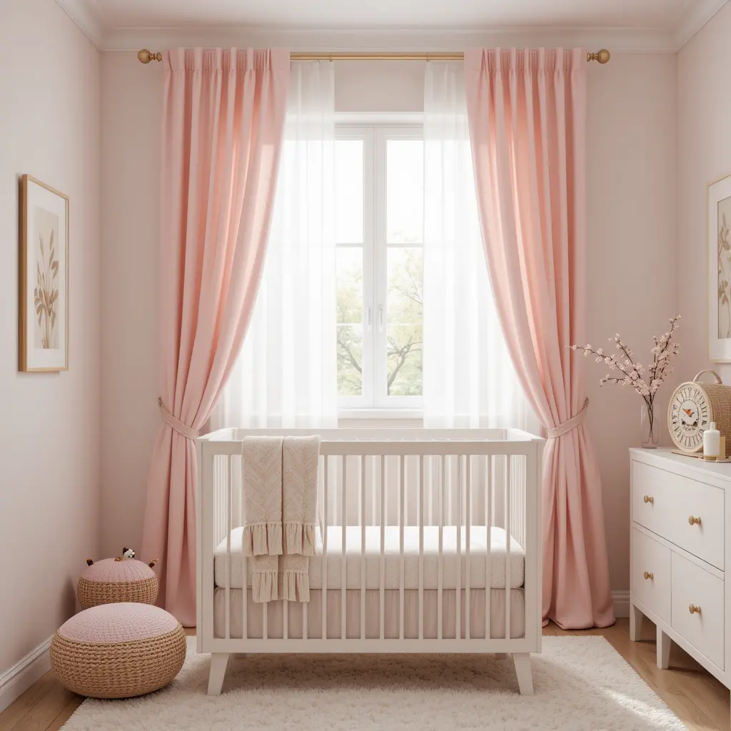 Pink Curtains with White Sheer Panels