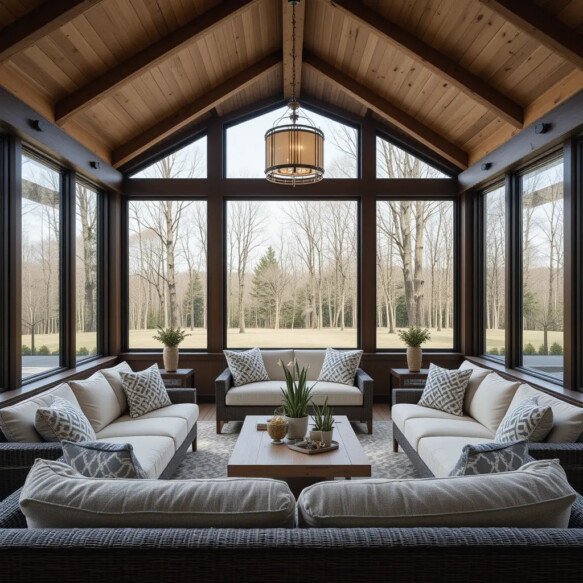 Rustic Modern Sunroom with Wooden Ceilings