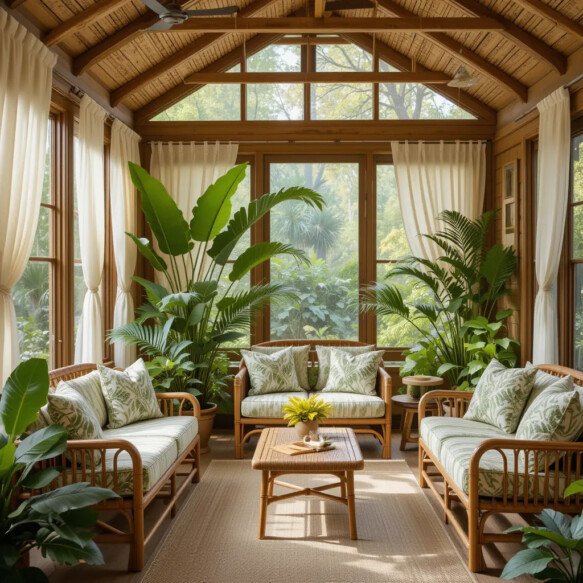 Tropical-Inspired Sunroom with Bamboo Accents