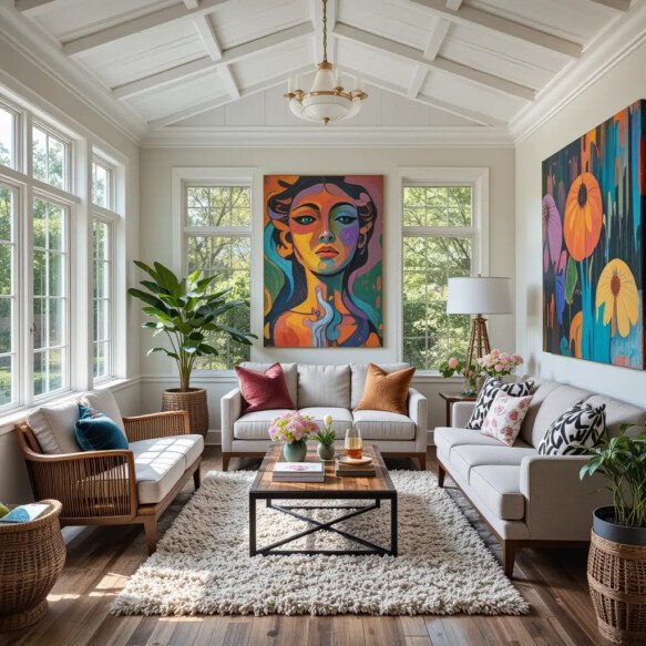 Vibrant Sunroom with Colorful Artwork