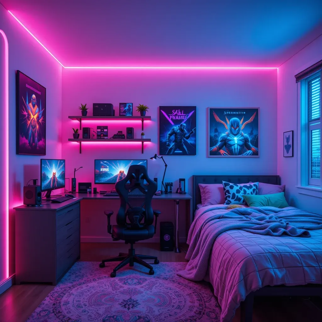 Gaming Room with Pink LED Lights