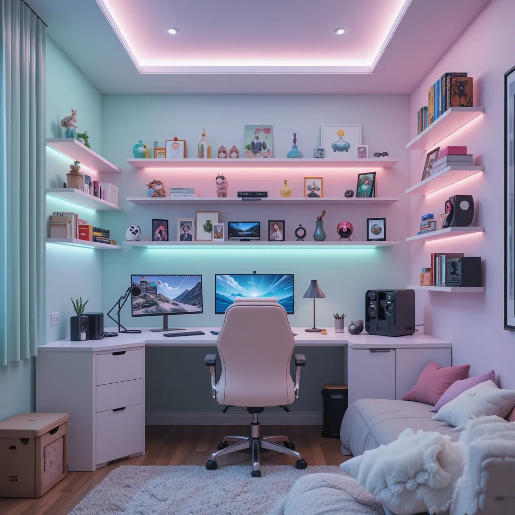 Pastel Gaming Room with Floating Shelves