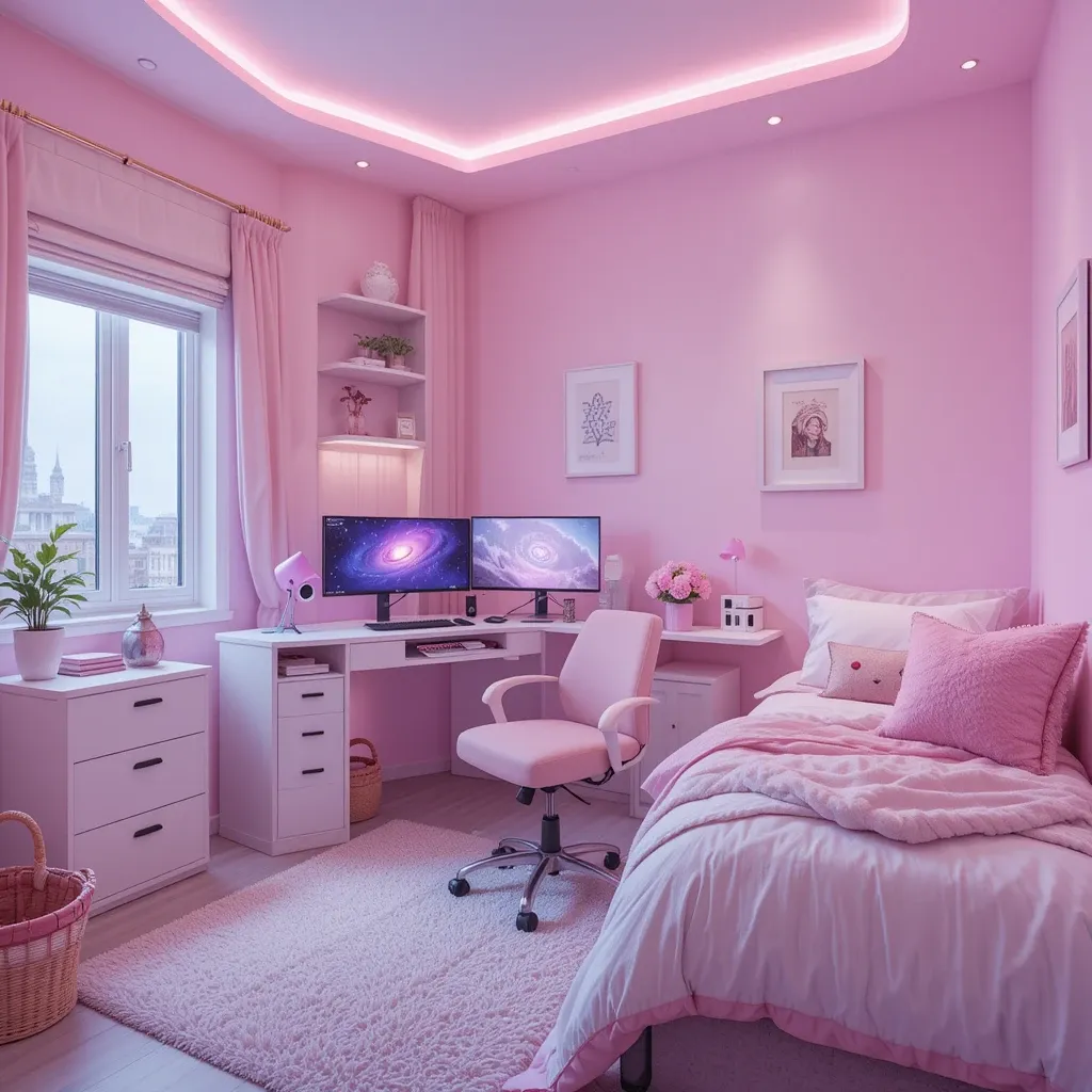 Soft Pink and White Gaming Room